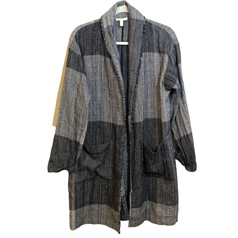 Womens Eileen Fisher Organic Cotton Hazy Blocks Open Front Mid Length Coat ‎ S/M